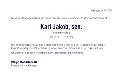 Trauer um Karl Jakob, sen.